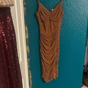 Privy Brown Ruched Midi Dress